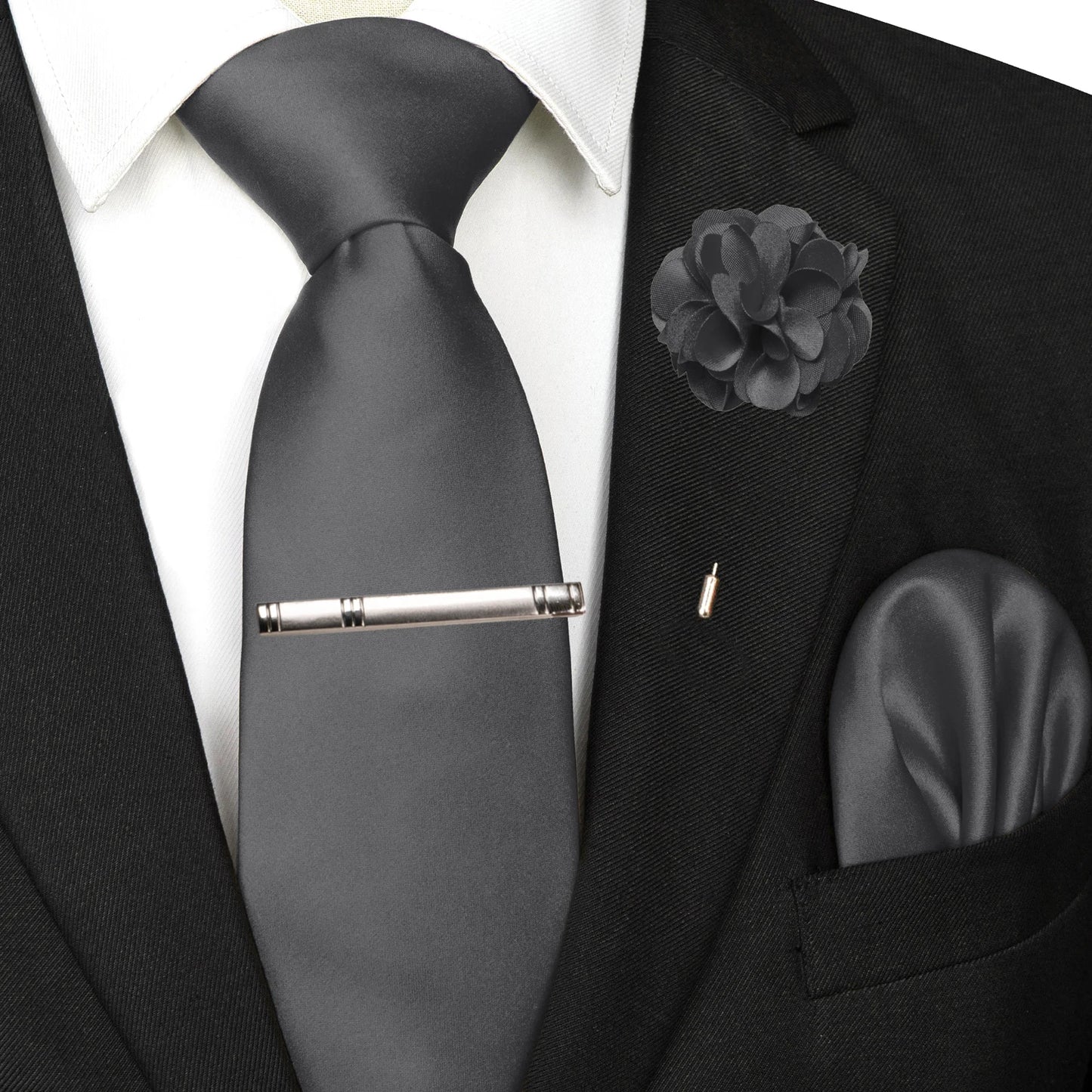 Mens Colors Solid Tie and Lapel Pin Necktie Pocket Square and Tie Clip Sets for Business Casual 4PCS