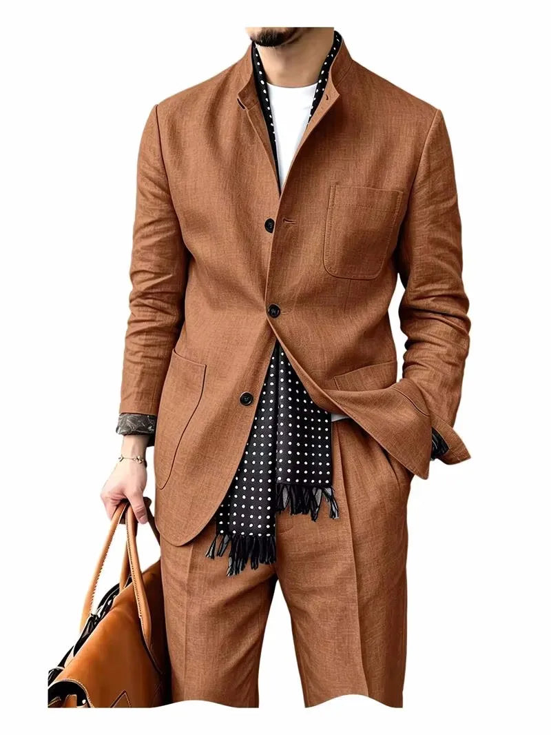 Men's 2 Piece Suit Linen Blend Stand Collar Single Breasted 3 Button Slim Fit Business Casual Vacation Wedding Breathable Outfit
