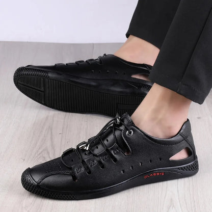 Genuine Leather Summer White Lace Up Hollow Sandals Roman Style Designer Shoes Luxury Brand Breathable Beach Men Shoes Mocassins