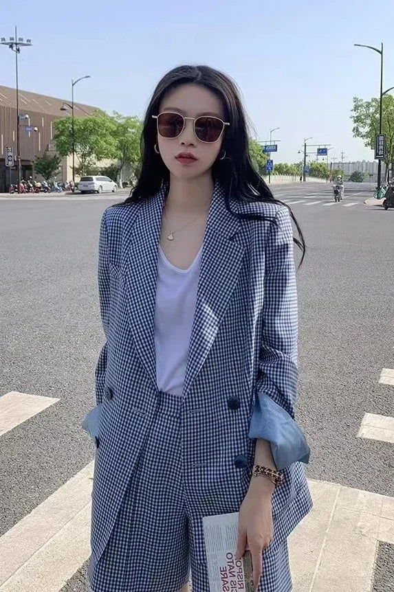 Korean Fashion Two Pieces Blazer and Shorts Set for Women Long Sleeve Blue Plaid Jacket Office Lady Casual 2 Pieces Spring