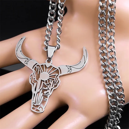 Fashion Bull Head Pendant Animal Cowboy Necklace Women Men Stainless Steel Silver Color Mexican Cow Necklaces Jewelry N3214S03