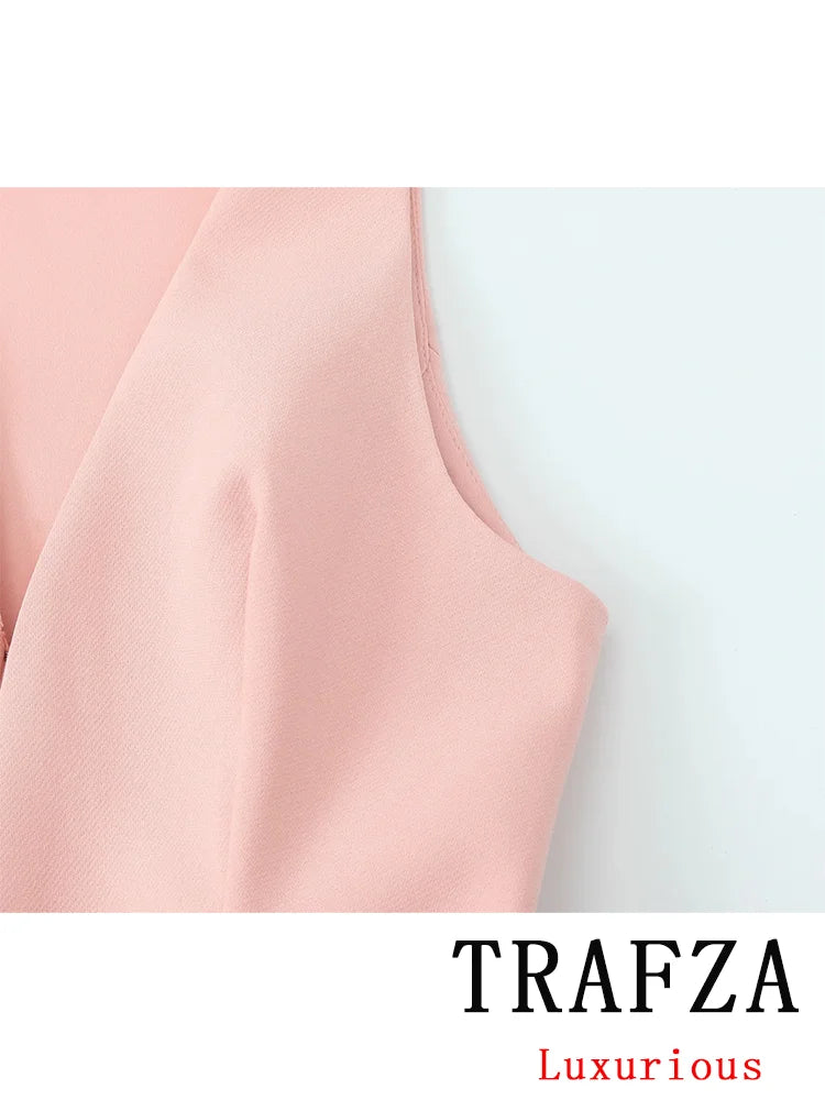TRAFZA Vintage Chic Solid Women Suit V Neck Sleeveless Sashes Vest Blazer Straight Shorts New Fashion  Summer Office Sets