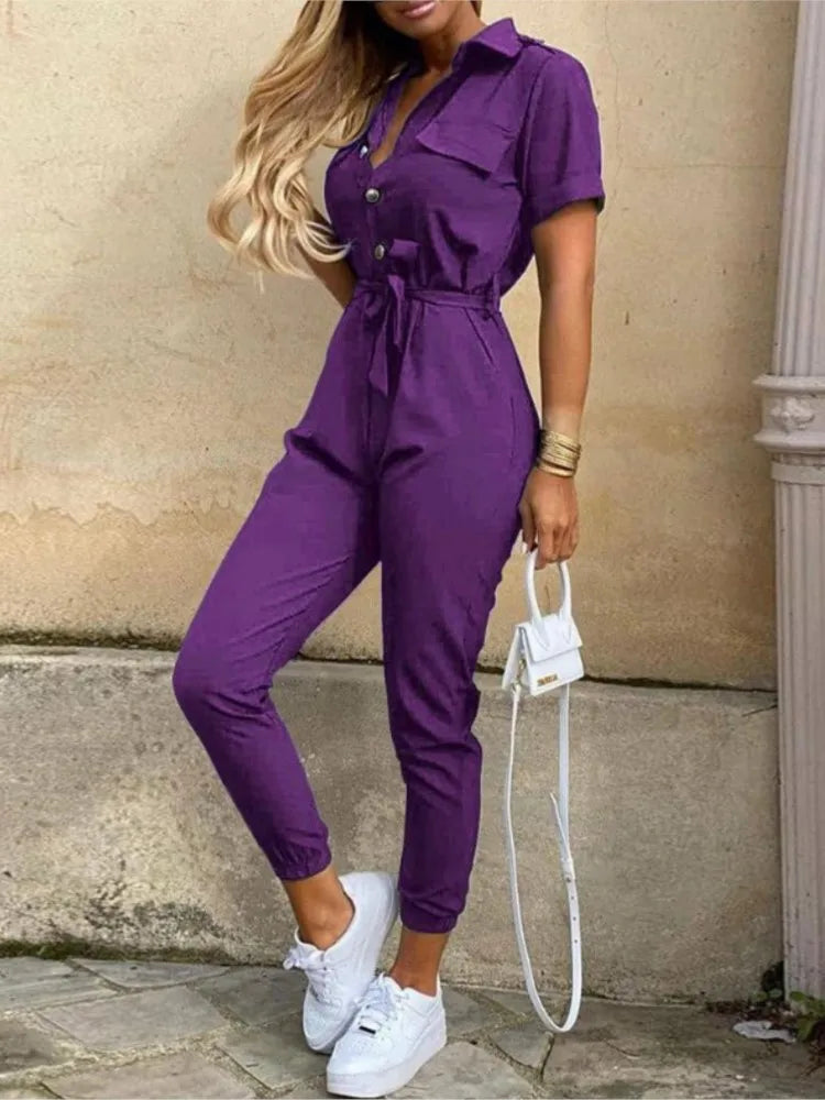 Summer Women's New Fashion Flip Collar Button Print Belt Lace Up Work Dress Casual Capris Jumpsuit Office