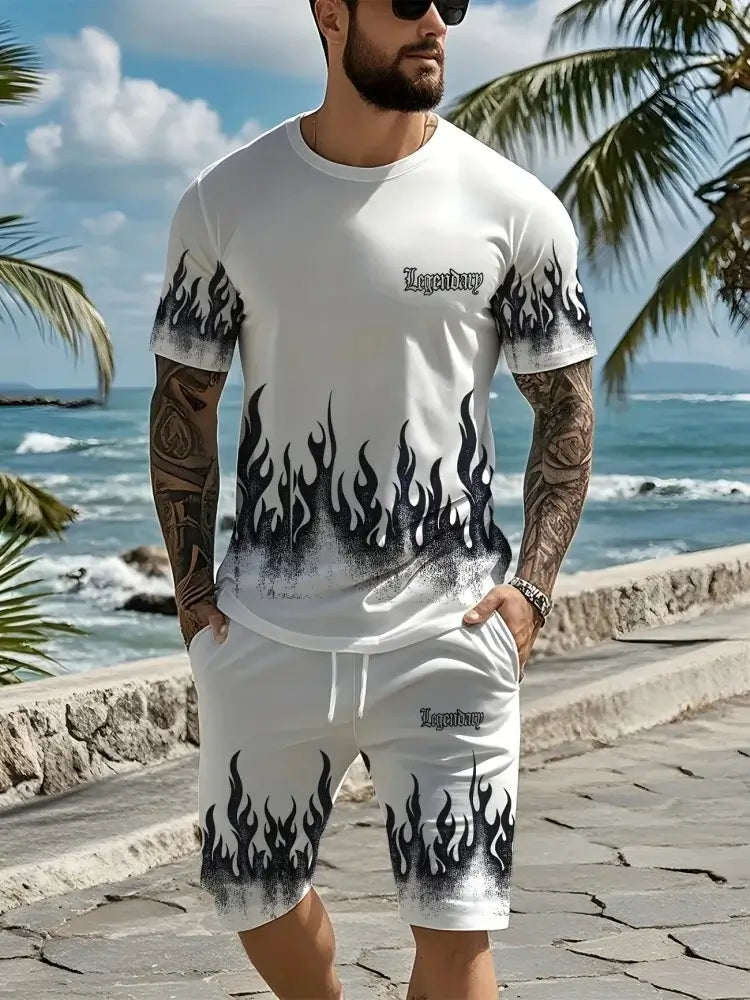 Herren Sommer Kurzarm-Set Hip-Hop Cartoon Bären-Print Kurzarm-Oberteil Shorts Lässiger Zweiteiler Outdoor Urban Street Fashion