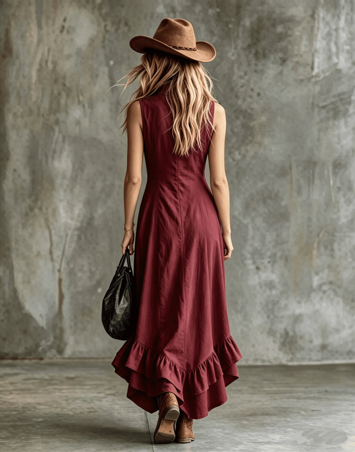 Women's Sleeveless Half Zip Maxi Dress Stand Collar High Low Ruffle Hem A-Line Long Dress with Pockets
