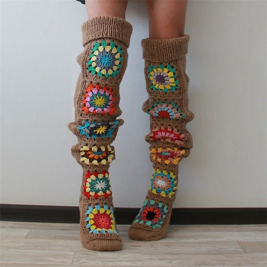 New Womens Autumn Winter Thigh Socks Extra Long Ethnic Crochet Knit Stockings Over Knee Socks Hot Sale