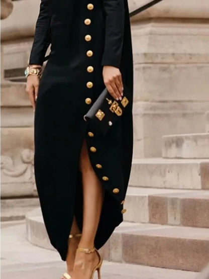 Yeezzi Women's Fashion Buttoned Split-Side High Neck Black Dress  New Long Sleeves Loose Urban Office Commute Maxi Dresses