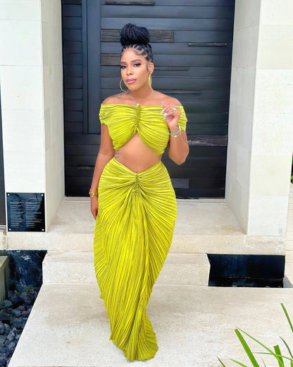 Crop Tops 2 Piece Skirt Sets  Summer Women Elegant Luxury Party Club Long Pleated Dress Sexy Two Piece Skirt Set Outfit