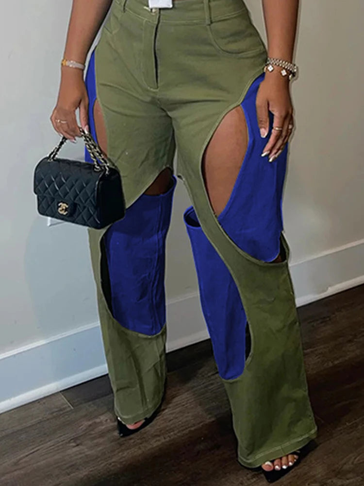 Blue Green Contrast Color Patchwork Wide Leg Trousers for Women High Waist Button Zipper Closure Hollow Out Straight Leg Pants