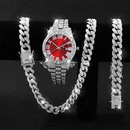 3PCS/Set Luxury Diamond Men's Watches Fashion Roma Dial Stainless Steel Band Quartz Watch Jewelry Set Reloj Hombre（Without Box）