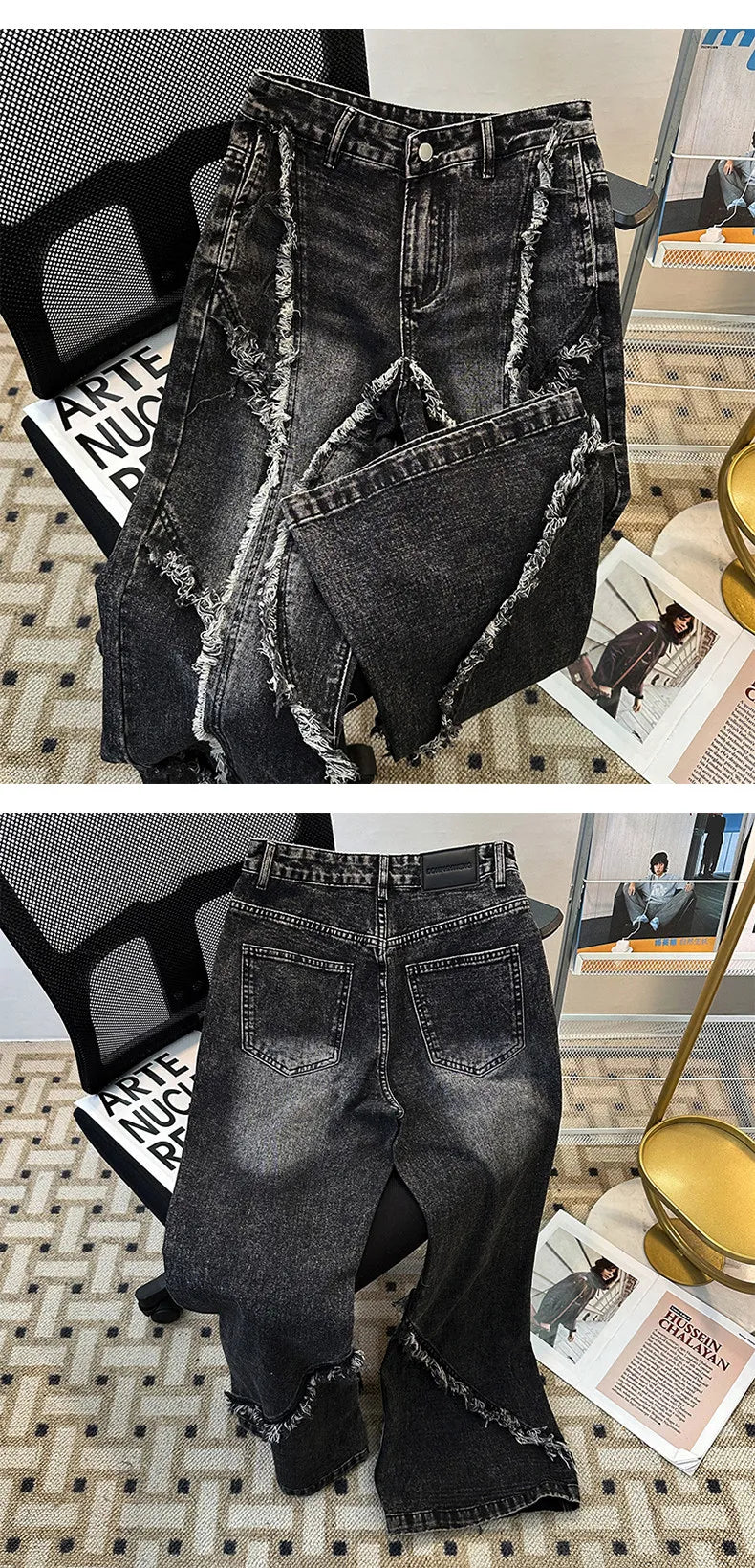 Men's Fringed Denim Set 2026 Spring New American Retro Washed Shoulder Padded Zipper Jacket Splicing Jeans Two Pieces Sets