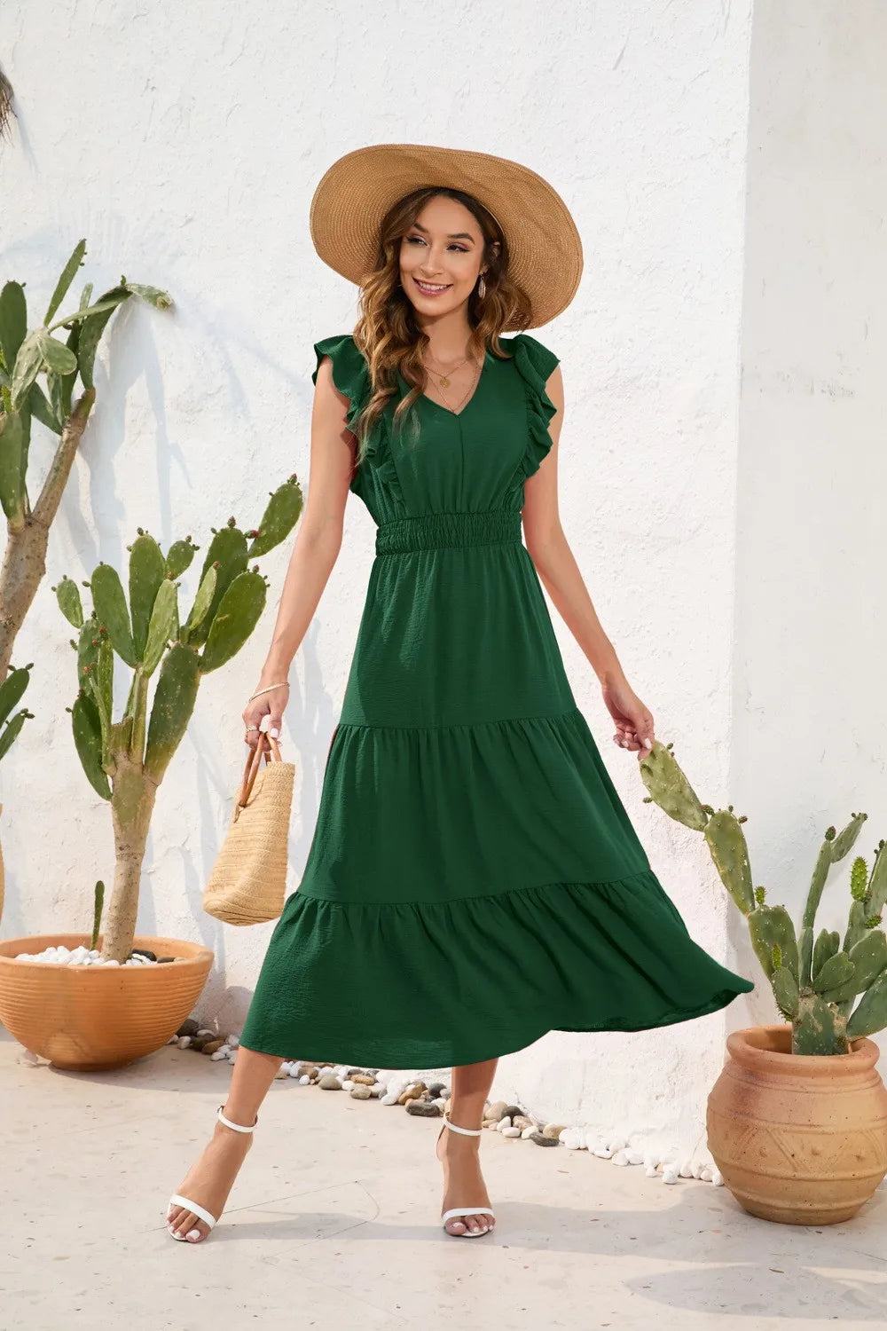 Summer Woman Dress V Neck Sleeveless Red Dresses High Waist A Line Green Maxi Dress Tiered Skirt Boho Black Casual Dress
