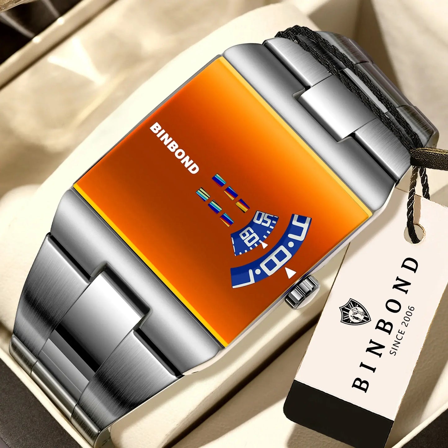 BINBOND Original Design Waterproof Men's Watch Accurate Quartz Watches For Men Luxury Sturdy Sport Wristwatches Casual Reloj displayed on cushion.