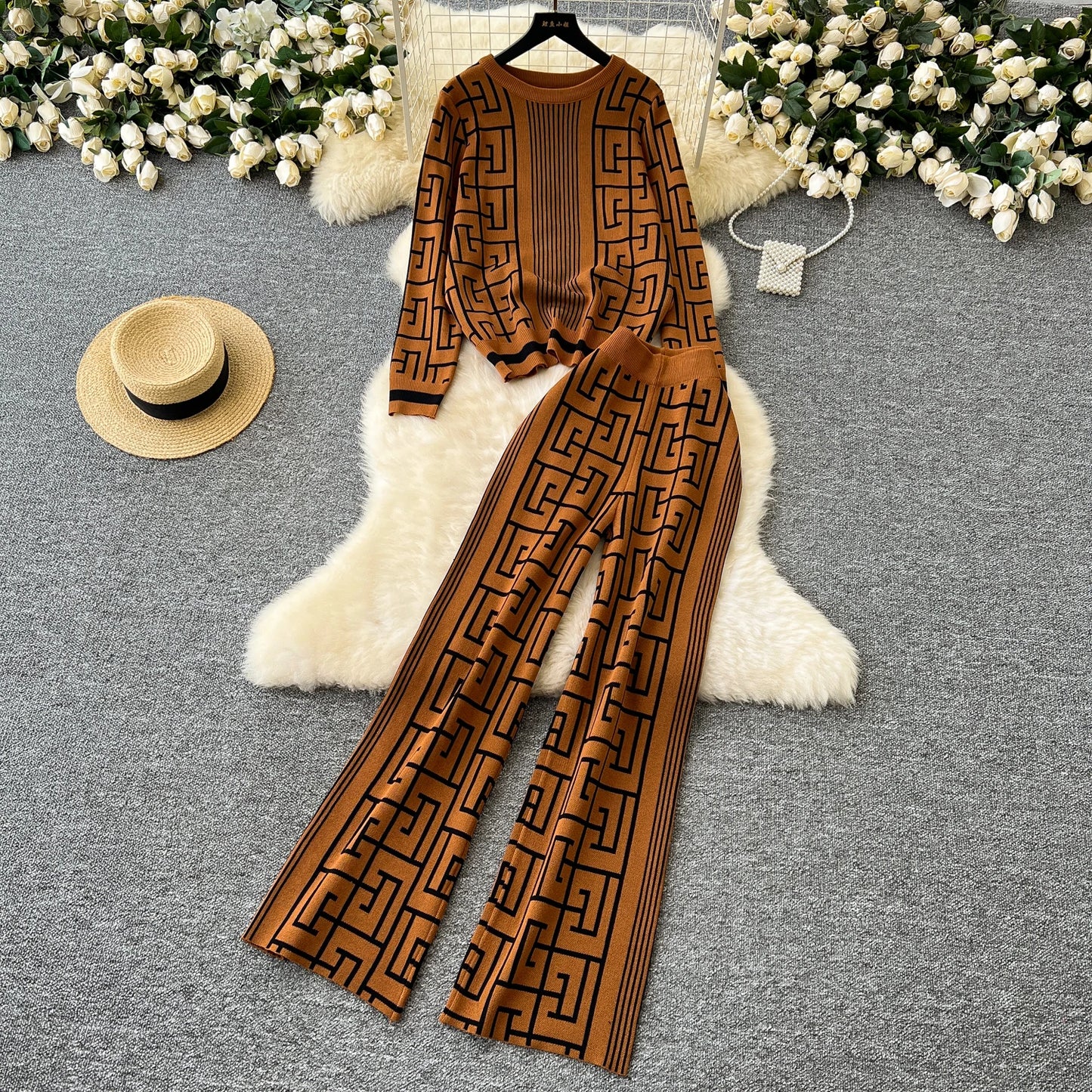 SINGREINY Geometric Maze Print Two Pieces Suits Autumn Winter O Neck Sweater+Long Pants Women Casual Fashion Knitting 2pcs Sets