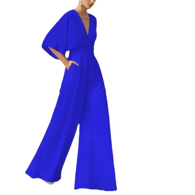 Jumpsuit Women Sexy Elegant V Neck Mid Waist Solid Pants Female Loose Wide Leg Trousers Overall Office Lady Prom Party