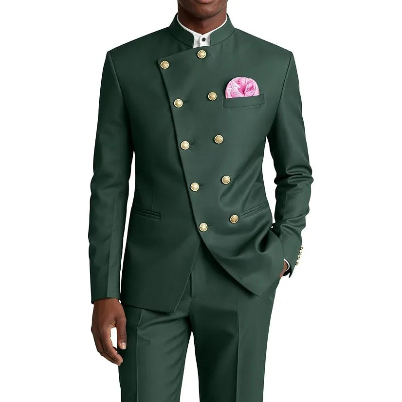 Men's Business Casual Suit 2 Piece Brown Mandarin Collar Double Breasted With Gold Buttons