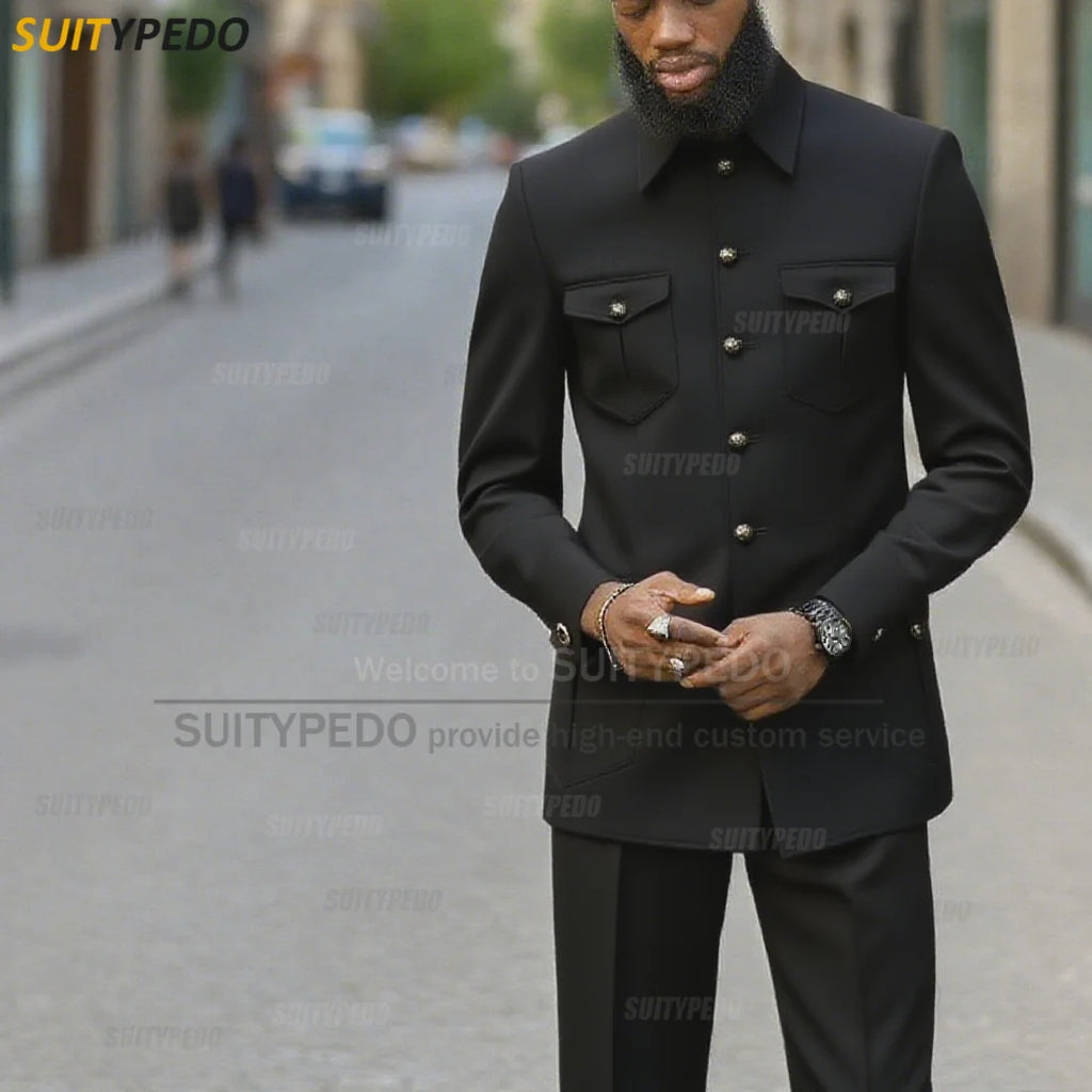 Fashion Stand Collar Men's Suit Newest Smart Casual Four Pockets Prom Formal Hommes 2 Pieces Blazer And Pants Sets Texudos