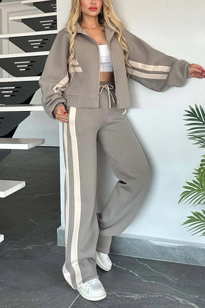 Autumn Winter Women's New Hoodie Suit Y2K Striped Zipper Loose Fit Jacket Outwear And High Waist Side-striped Pants Sports Sets