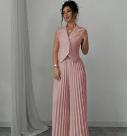 Summer Women's Fashionable Casual Lapel Suit Elegant Commuting Solid Color Sleeveless Top + Trousers Sexy Two-piece Set