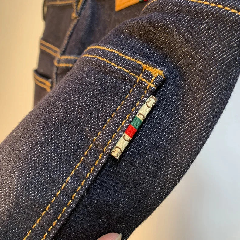 High end light luxury men jeans autumn new item dark blue fashion printed casual straight slim fit cotton washed denim pants