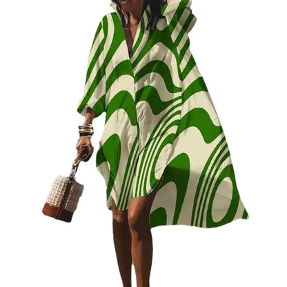 Autumn Dress  New Fashion Leisure Grace Printed Lapel Long Sleeve Loose Party Beach Women Shirt Dresses MsChuh