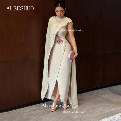 Modern Ivory Sheath O-Neck Long Evening Dresses Simple One Shoulder Pleat Appliques Sexy Side Slit Ankle Length Gowns Customized