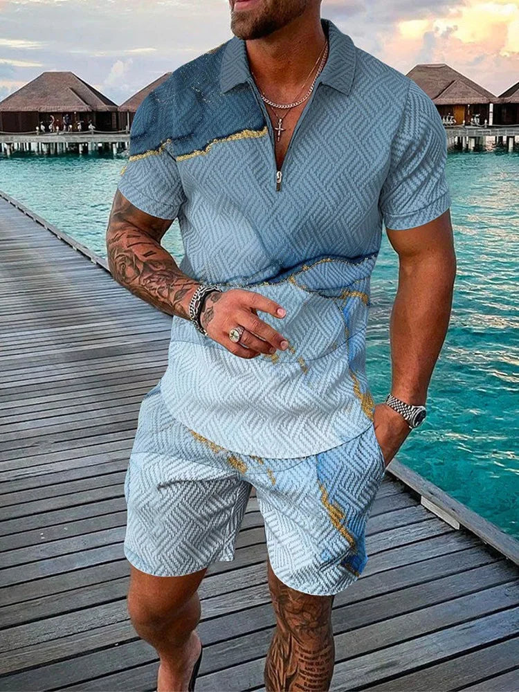 Summer New Trend Men's Tracksuit Casual Zipper Collar 3d Print Polo Shirt Suit 2 Pcs Set Colorful Streetwear Clothing Oversize