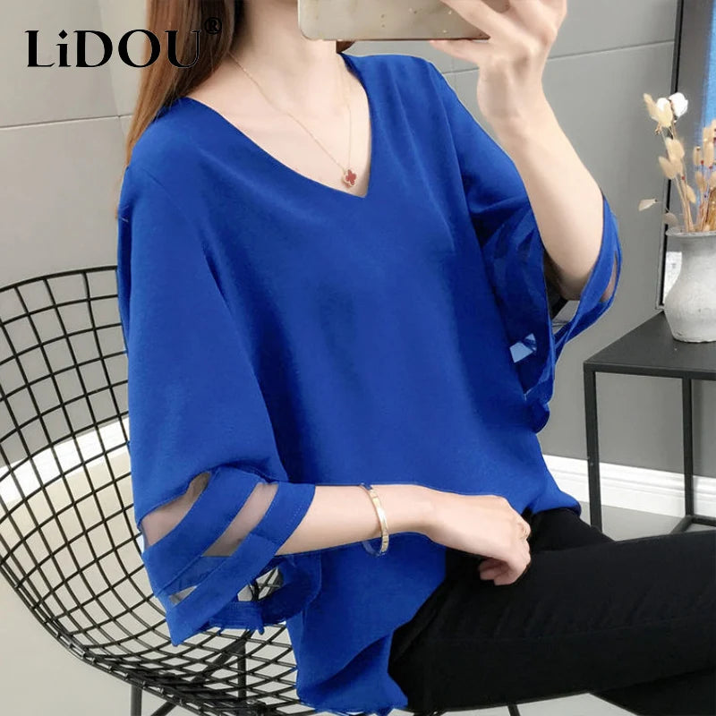2022 Summer Solid V-neck Mesh Patchwork Loose Casual Shirt Top Women Half Sleeve Oversized Fashion Blusa Simple Pullover Blouse