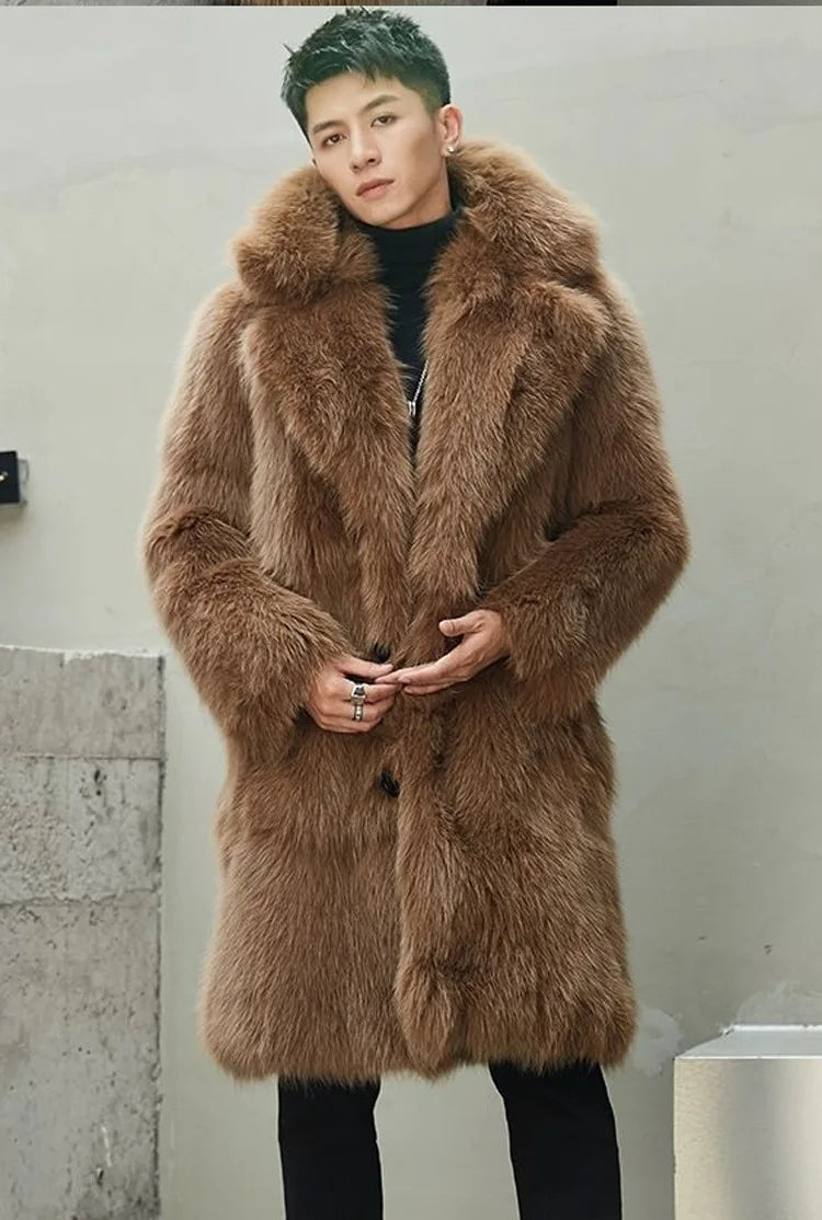 Tuscan Lambswool Faux Fur Coat Men Long Clothing Winter Imitation Fox Furry Trench Overcoat S-6XL