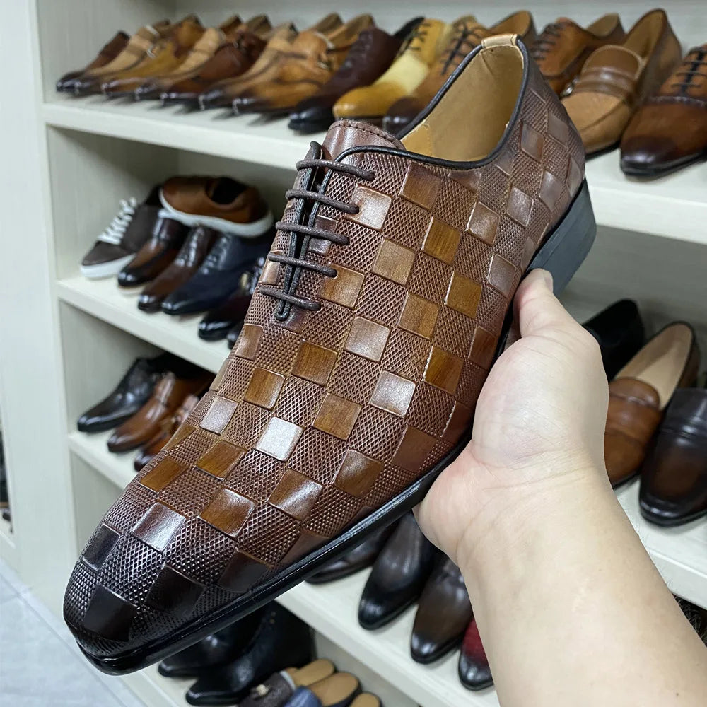 Luxury Italian Leather Dress Shoes Men Fashion Plaid Print Lace-Up Black Brown Wedding Office Shoes Formal Oxford Shoes for Men