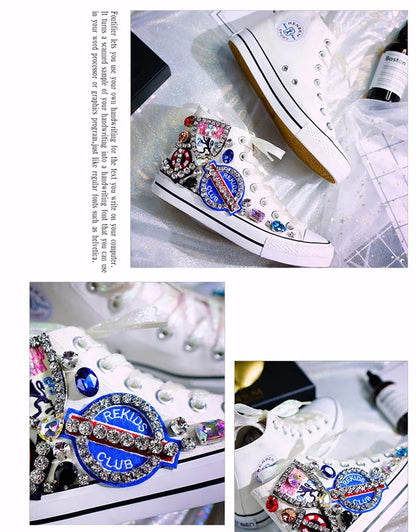 Woman Canvas Shoes Flat Platform Loafers Vulcanize Shoes Women Casual Classic Designer Brands Handmade Diamond Sneakers