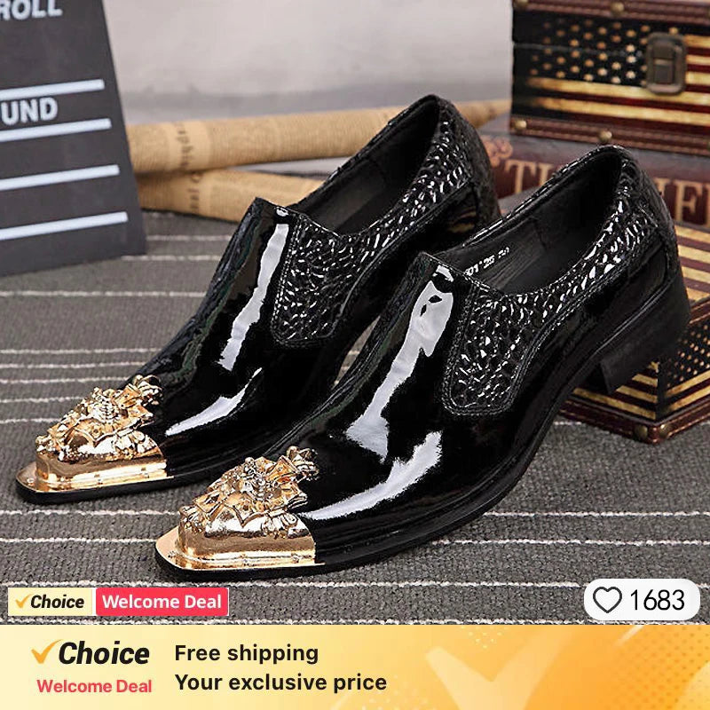 2024 Western Fashion Pointed Metal Toe Dress Shoes Blue Grey Party Wedding Leather Shoes for Men