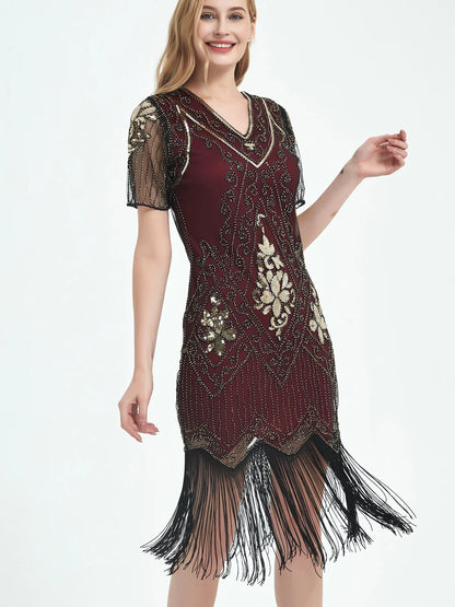 Embellished Beaded Sequin Dress Robe Vestidos Women 1920s Flapper Dress Vintage V Neck Butterfly Sleeve Long Great Gatsby Dress