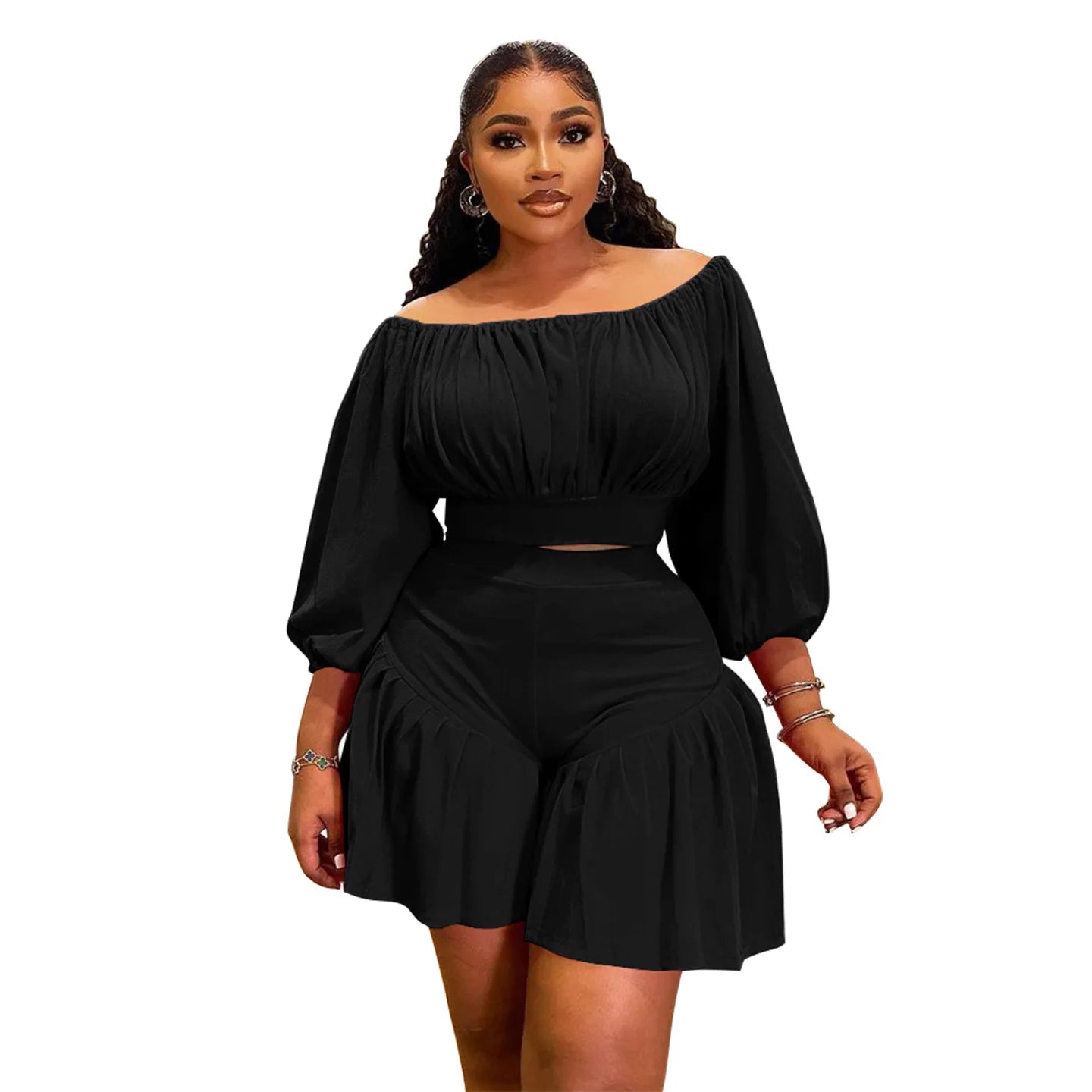 CM.YAYA Plus Size Women's Set Long Sleeve Slash Neck T-Shirt and Shorts  Summer Ruched Two 2 Piece Set Outfits Tracksuit