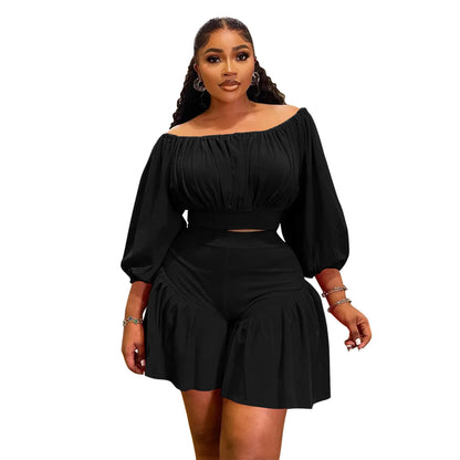 CM.YAYA Plus Size Women's Set Long Sleeve Slash Neck T-Shirt and Shorts  Summer Ruched Two 2 Piece Set Outfits Tracksuit