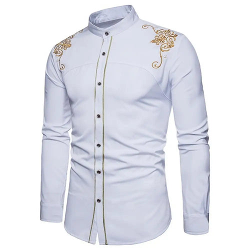 Black Gold Embroidery Shirt Men  Spring New Mens Dress Shirts Stand Collar Button Up Shirts Chemise Homme Camisa Masculina