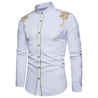 Black Gold Embroidery Shirt Men  Spring New Mens Dress Shirts Stand Collar Button Up Shirts Chemise Homme Camisa Masculina