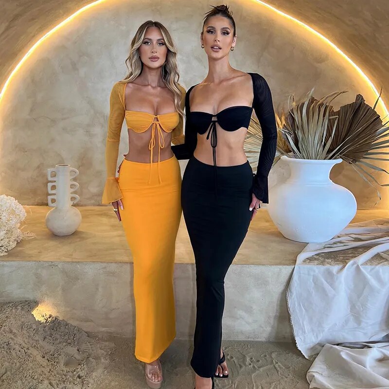 Elegant 2 Piece Sets Women Outfit 2023 Long Sleeve Top And Maxi Skirt Sets Party Festival Night Club Outfits Co ord Sets