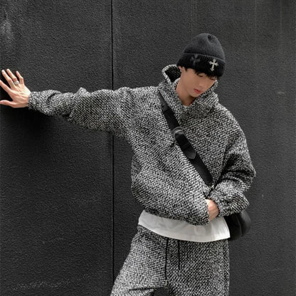 Trendy Niche Suit Men's Sports Casual High Street Retro Woolen Fashion Elegant Style Velvet Hooded Sweatshirt Men's Clothing
