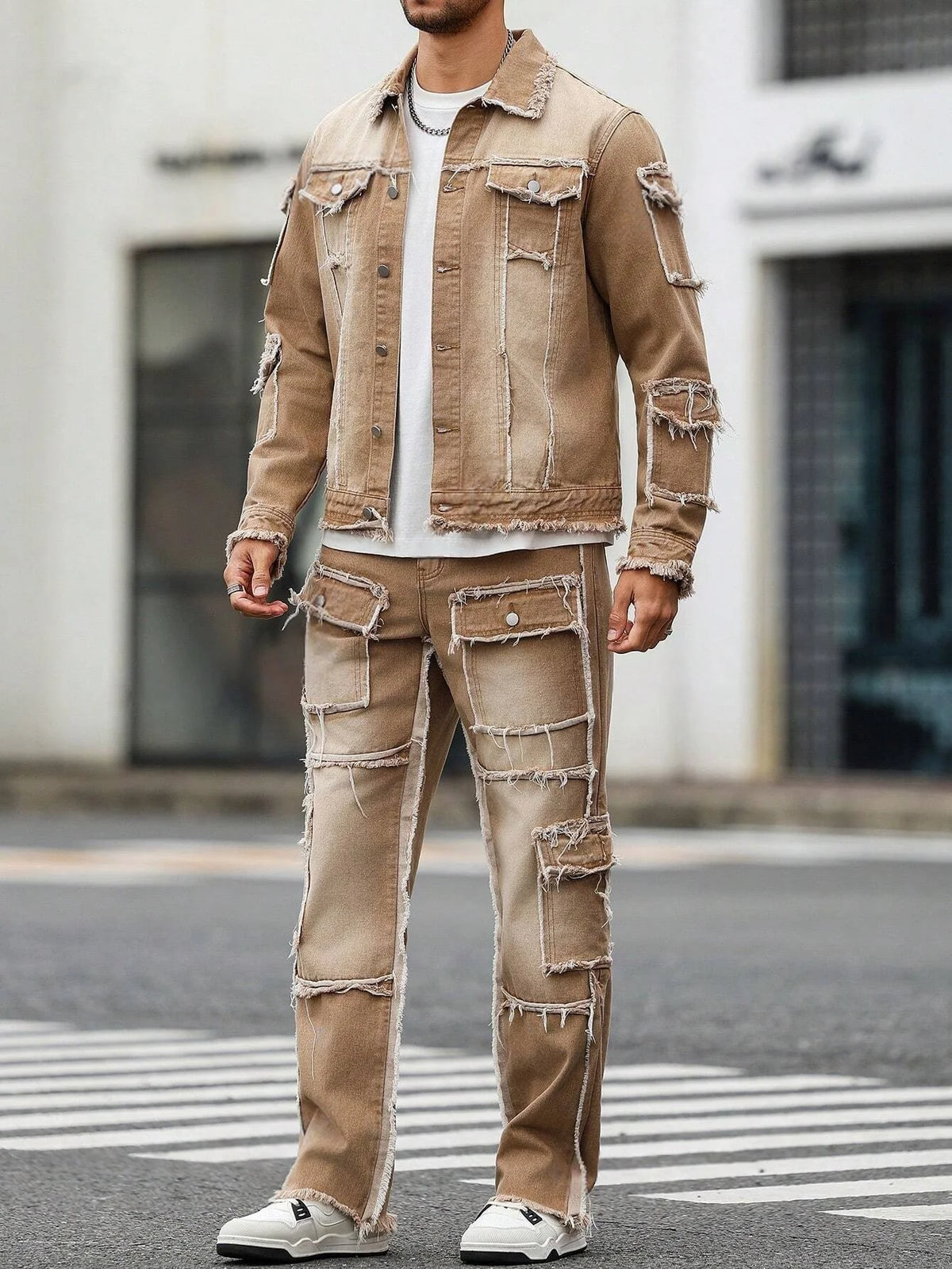 Men's Distressed Patchwork Denim Set - Khaki Washed Frayed Jacket & Wide Leg Jeans Streetwear