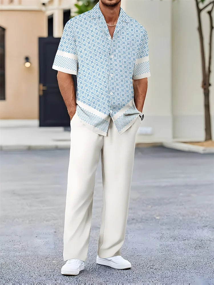 2025 Autumn Geometric Color Block Printed Short-sleeved Set, 2pcs Daily Casual And Loose Men's Shirt Set, Casual And Fashionable