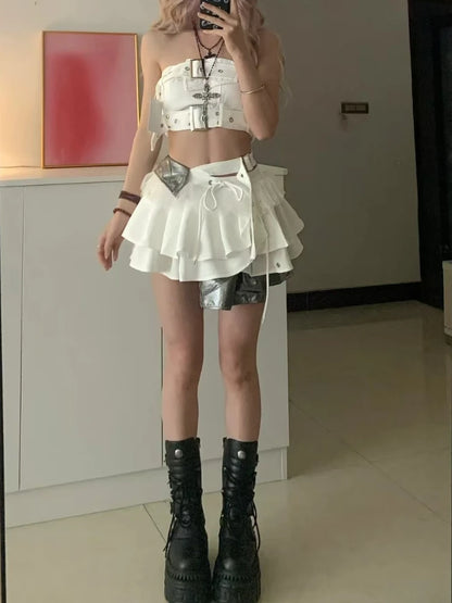 Vintage Summer Elegant Y2K Woman 2 Piece Sets Punk Gothic Strapless Crop Tops +High Waist Ruffle Skirt Female Party Outfits