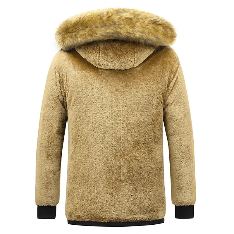 2023 New Men Winter Parka Fleece Lined Thick Warm Hooded Fur Collar Coat Male Size 5Xl Plush Jacket Autumn Work Outwearing Black