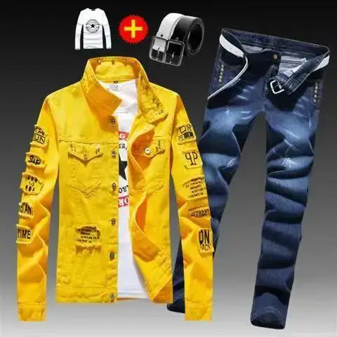 Frühling Herbst Herren Jeansjacke + Jeanshosen Set Mode Einreiher Mantel Hose Zweiteiliger Denim-Anzug