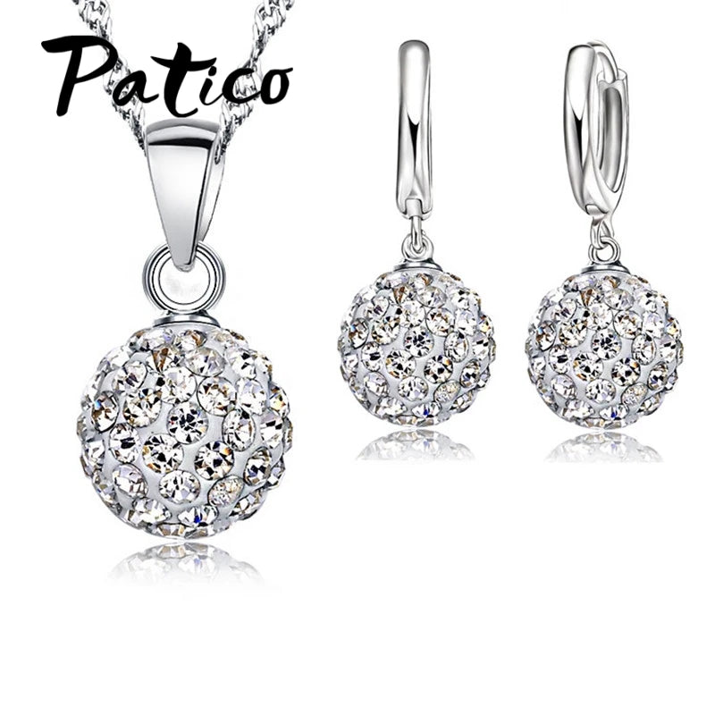 Hot New Jewelry Sets 925 Sterling Silver Austrian Crystal Pave Disco Ball Lever Back Earring Pendant Necklace Woman
