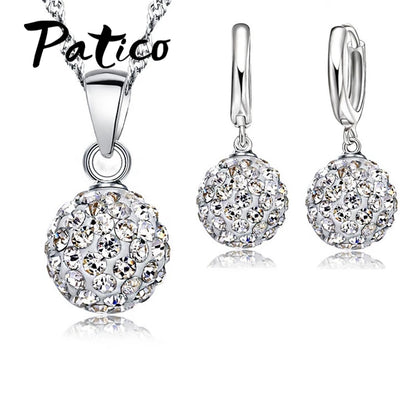 Hot New Jewelry Sets 925 Sterling Silver Austrian Crystal Pave Disco Ball Lever Back Earring Pendant Necklace Woman