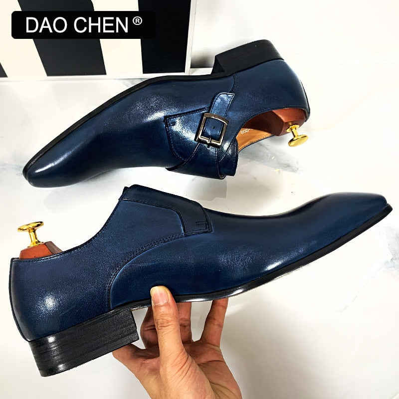 DAOCHEN MEN LEATHER SHOES BLACK BLUE MONK STRAP LOAFERS SLIP ON LUXURY BRAND CASUAL MENS DRESS SHOES WEDDING OFFICE MEN&#39;S SHOES