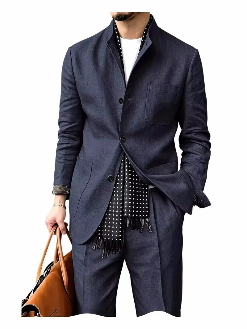 Men's 2 Piece Suit Linen Blend Stand Collar Single Breasted 3 Button Slim Fit Business Casual Vacation Wedding Breathable Outfit