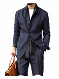 Men's 2 Piece Suit Linen Blend Stand Collar Single Breasted 3 Button Slim Fit Business Casual Vacation Wedding Breathable Outfit