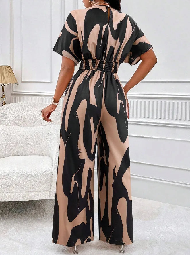 Women Wide Leg Jumpsuit Spring Summer Fashion V Neck Short Sleeve High Waist Full Body Printed Jumpsuits Casual One Pieces